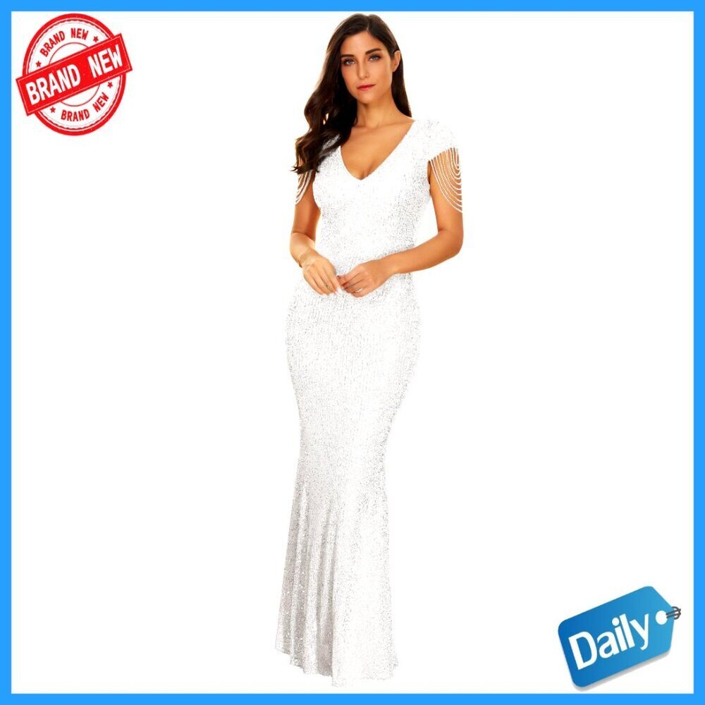 Sequin Mermaid Evening Dress V Neck Bead Sleeve Formal Gown Elegant Party